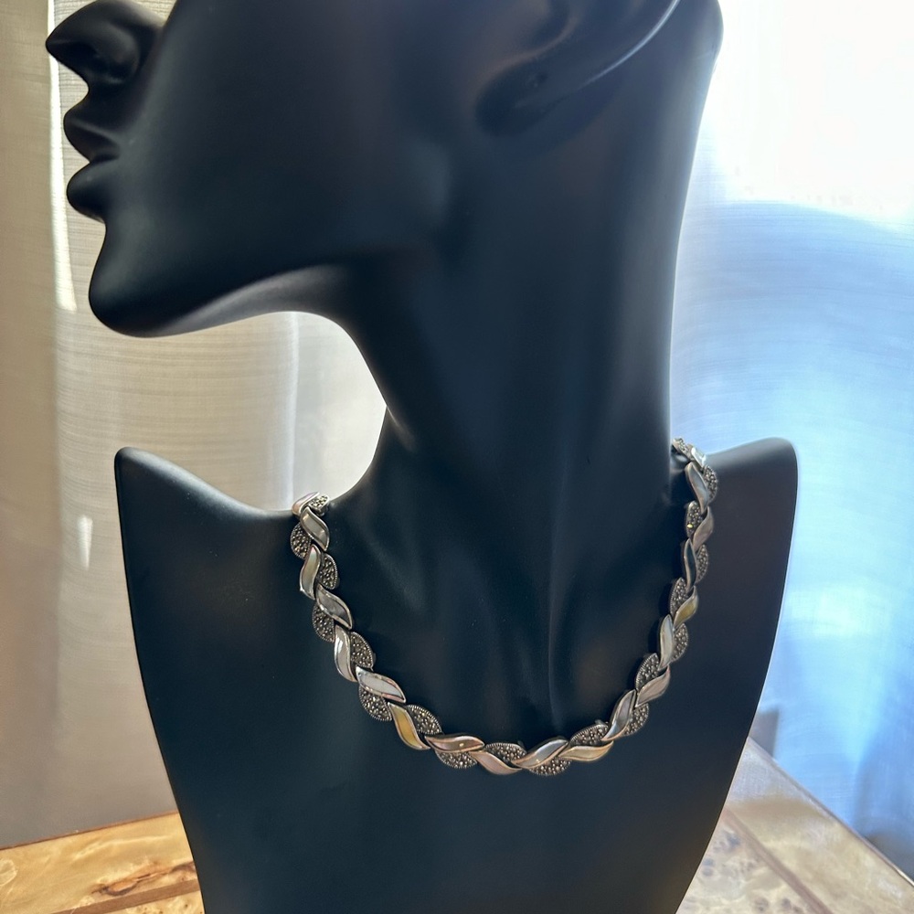 Vintage 925 CW Mother of Pearl and Marcasite Necklace